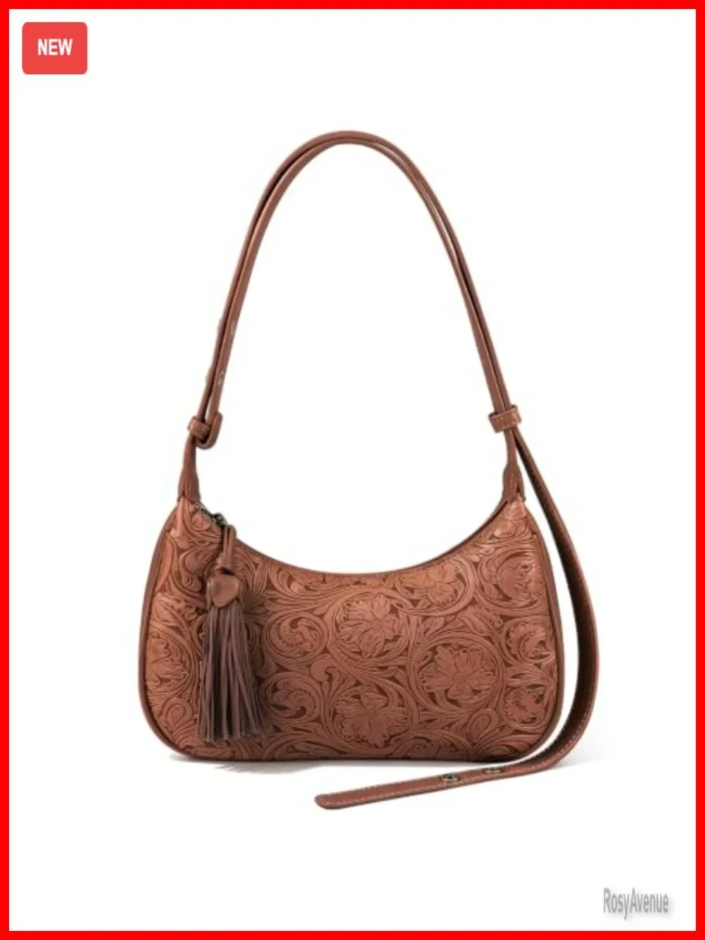 Vegan Leather Hobo Bag with Floral Embossed Trim, Adjustable Crossbody Purse
